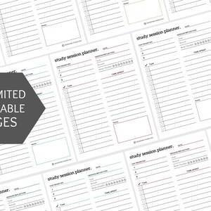 May include: A printable study session planner with sections for date, top priorities, session reflection, tasks, and time spent. The planner has a simple black and white design with a red and blue accent.