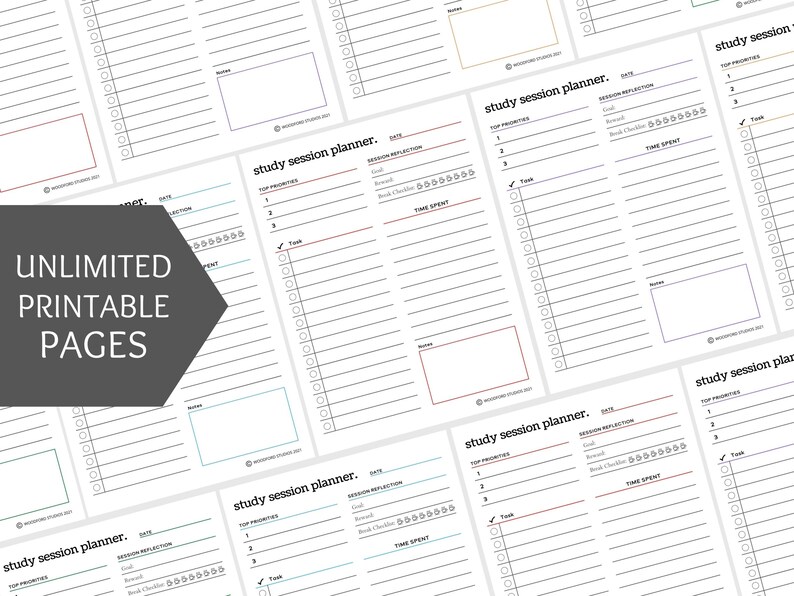 May include: A printable study session planner with sections for date, top priorities, session reflection, tasks, and time spent. The planner has a simple black and white design with a red and blue accent.
