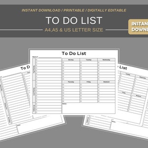 Könnte beinhalten: Druckbare To-Do-Listenvorlage in Schwarzweiß. Die Vorlage ist in Abschnitte für jeden Tag der Woche unterteilt, mit Platz für Notizen. Die Vorlage ist in den Größen A4, A5 und US Letter verfügbar.