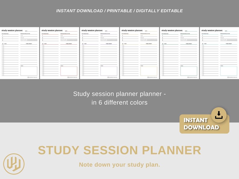 May include: Six printable study session planner pages in different colors. Each page has a title, date, and space for listing tasks and notes. The text "Study Session Planner" and "Note down your study plan." is at the bottom of the image.