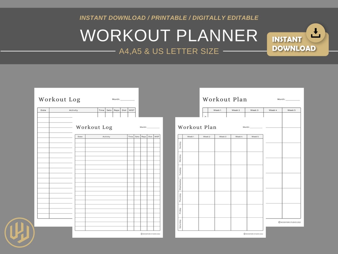 Workout Log Plan Printable Digital Planner Instant Download Planner Insert Daily Planner Pages ...