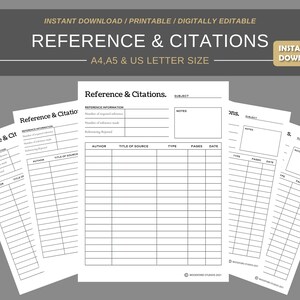 May include: Printable reference and citations log sheets in black and white. The sheets are designed for A4, A5, and US Letter size paper. The sheets include sections for reference information, subject, notes, author, title of source, type, pages, and date.