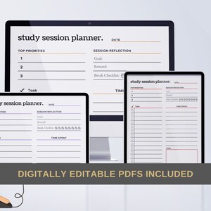 May include: Two digital planners with the text "study session planner" on the top. The planners are displayed on a computer screen and a tablet. The planners have sections for top priorities, session reflection, tasks, and time spent.
