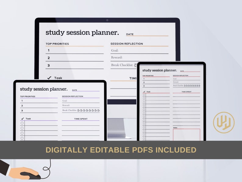 May include: Two digital planners with the text "study session planner" on the top. The planners are displayed on a computer screen and a tablet. The planners have sections for top priorities, session reflection, tasks, and time spent.