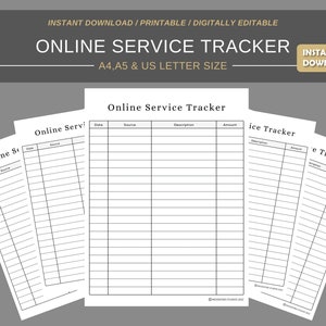 May include: Printable online service tracker in A4, A5, and US letter sizes. The tracker has columns for date, source, description, and amount. The text "Online Service Tracker" is at the top of the page.