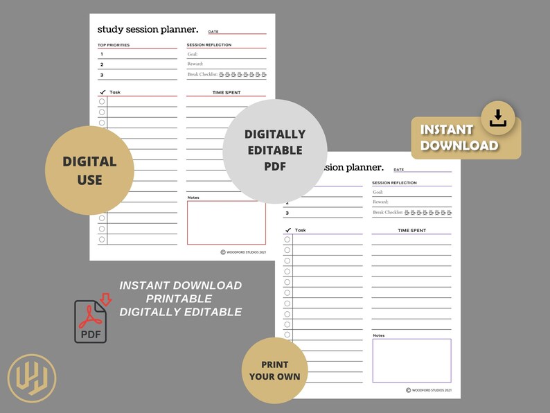 May include: A printable study session planner with a digital download option. The planner has sections for top priorities, session reflection, and time spent. It also includes a checklist and space for notes.