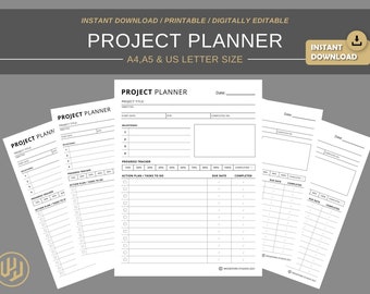 May include: Three printable project planner pages with black text on white paper. The pages are titled "Project Planner" and include sections for project title, start date, due date, milestones, progress tracker, and action plan/tasks to do.