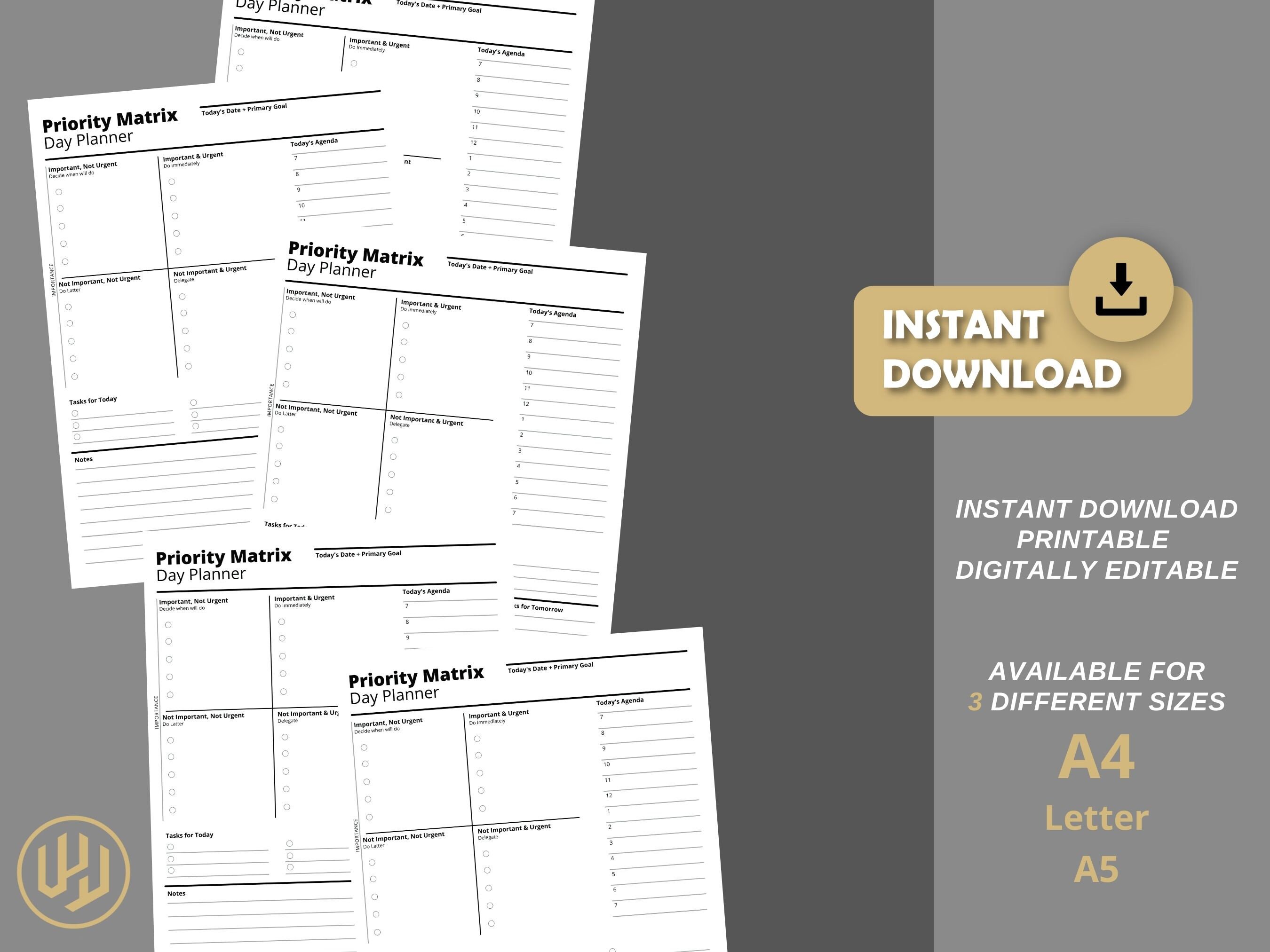 Priority Matrix Day Printable Planner Digital Planner Instant Download Planner Insert Daily ...