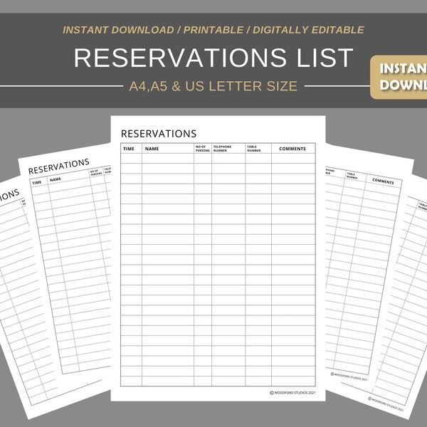 Printable Restaurant Reservations  | Digital Planner | Instant Download Planner Insert Daily Planner pages | A4 A5 US letter size PDF