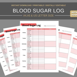 Blutzucker-Log druckbare Tracker Bearbeitbare druckbare Glukose-Tracker-Diabetes-Log Blutzucker-Log-Diabetes | A4 A5 US letter PDF