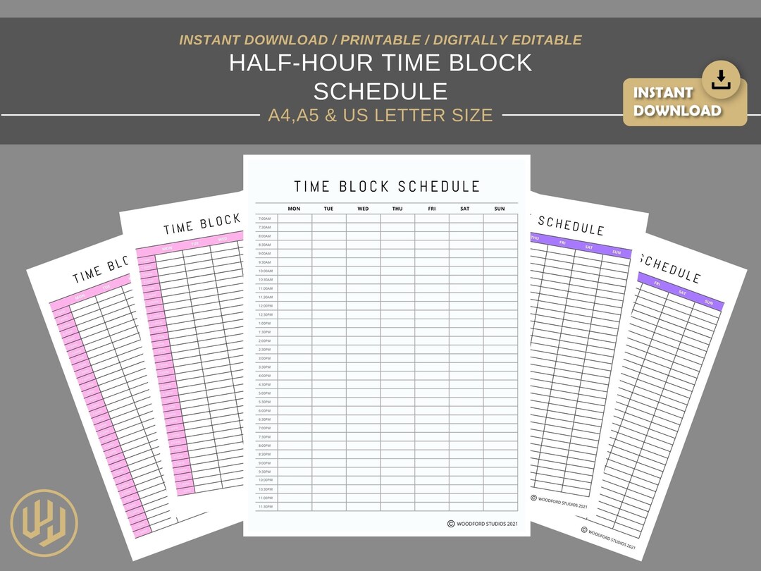 Weekly Time Block Scheduler Half Hour Printable Planner | Digital ...