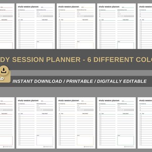 May include: Six printable study session planner templates in different colors. Each template has a section for top priorities, desired outcomes, and a checklist for tasks. The templates are digitally editable.