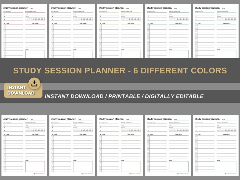 May include: Six printable study session planner templates in different colors. Each template has a section for top priorities, desired outcomes, and a checklist for tasks. The templates are digitally editable.