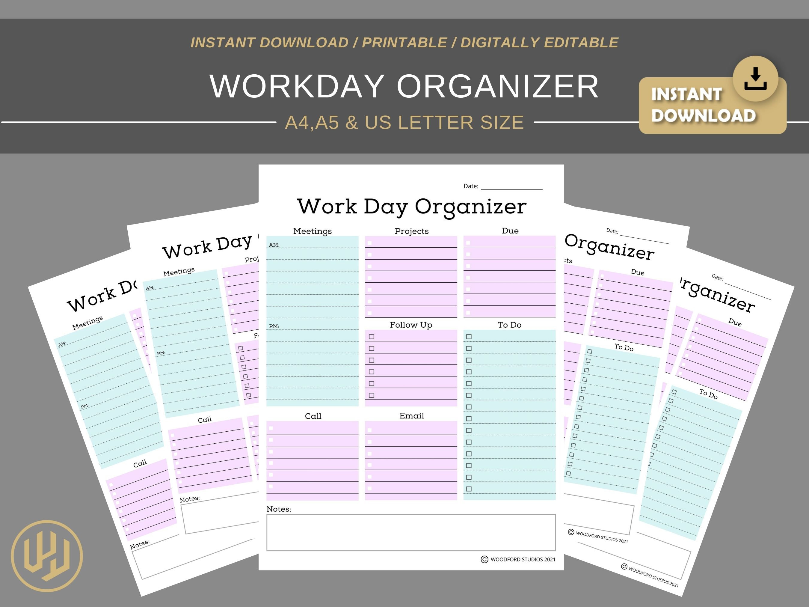 Könnte beinhalten: Druckbarer Tagesplaner im Format A4, A5 und US-Brief. Der Organizer hat Abschnitte für Meetings, Projekte, Nachverfolgung, To-Dos, Anrufe, E-Mails und Notizen. Der Organizer ist in Rosa und Blau.