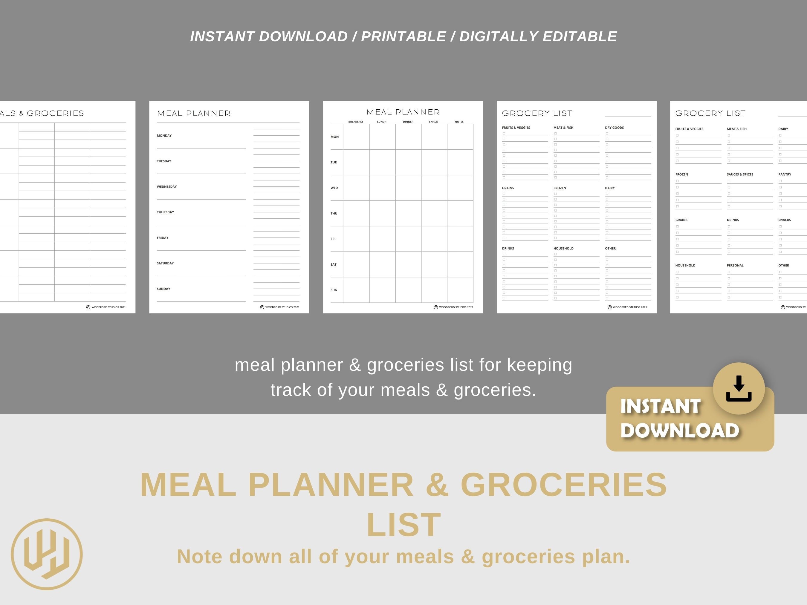 Meal Planner Grocery List Printable Digital Planner Instant Download ...