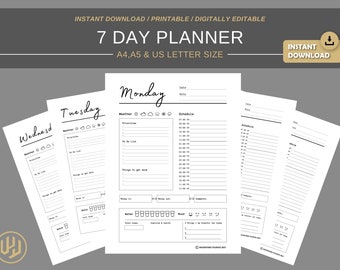 May include: Printable 7-day planner in black and white with sections for weather, priorities, to-do list, schedule, things to get done, water intake, mood, and things you are grateful for. The planner is available in A4, A5, and US letter sizes.