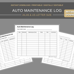 May include: Printable auto maintenance log template in A4, A5, and US letter sizes. The template includes columns for date, odometer reading, maintenance done, shop, paid, and comments.