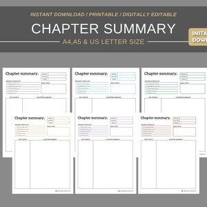 May include: Printable chapter summary templates in A4, A5, and US Letter sizes. The templates feature a review checklist, main topics, key points, and a chapter summary section. The templates are designed with a minimalist aesthetic and feature a variety of pastel colors.