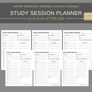 May include: Six printable study session planner pages in A4, A5, and US letter size. Each page has a section for top priorities, session reflection, and a checklist with space for time spent.