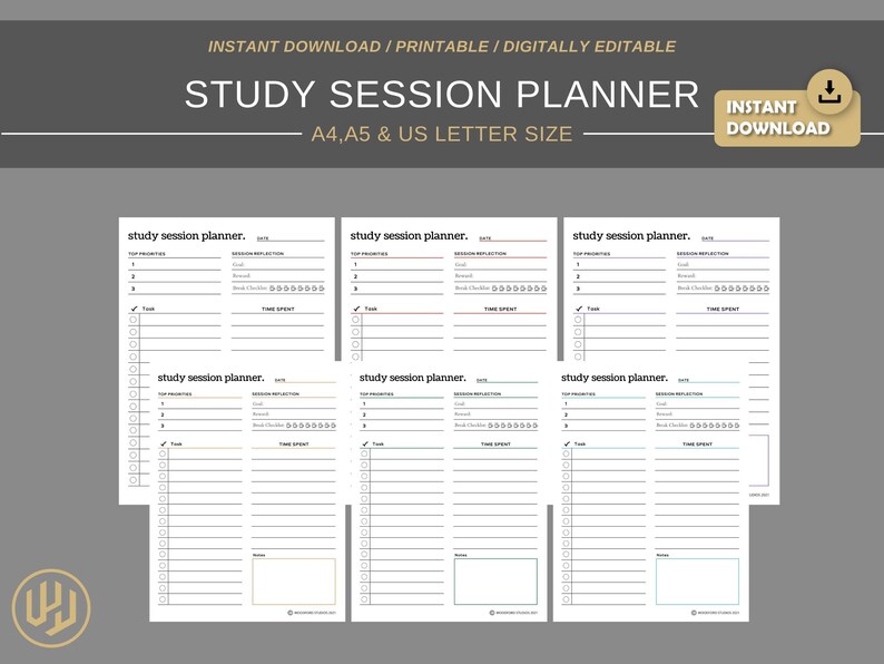May include: Six printable study session planner pages in A4, A5, and US letter size. Each page has a section for top priorities, session reflection, and a checklist with space for time spent.