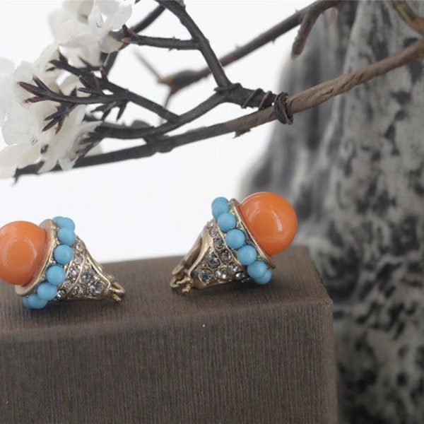 Boucles d'Oreilles Art Déco Dormeuses Lever-back Doré Bi-colore Perle Orange Mini perle Turquoise Bleu Tribal Vintage Style 1920s Mariage