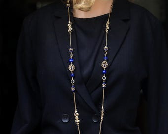 Collier Long Sautoir Chaîne Doré Long Perle Lapis Lazuli Bleu Jade Vert Pale Véritable Perle Bleu Marine Vintage Style
