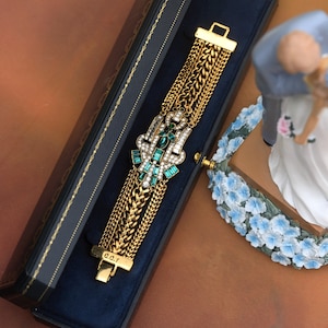 Bracelet Métal Argenté Avec Pierre Verte Et Strass Brillant - Neuf Sans Emballage