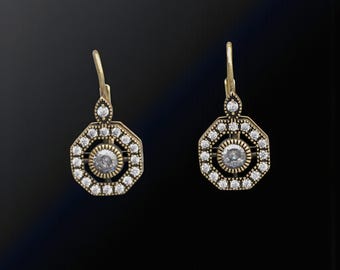Superbe Boucles d'oreilles Art Deco Dormeuses Doré Mat Octogone Serti CZ Blanc Bleu Turquoise Bleu Aigue-marine Vintage 1920s Style Légeres