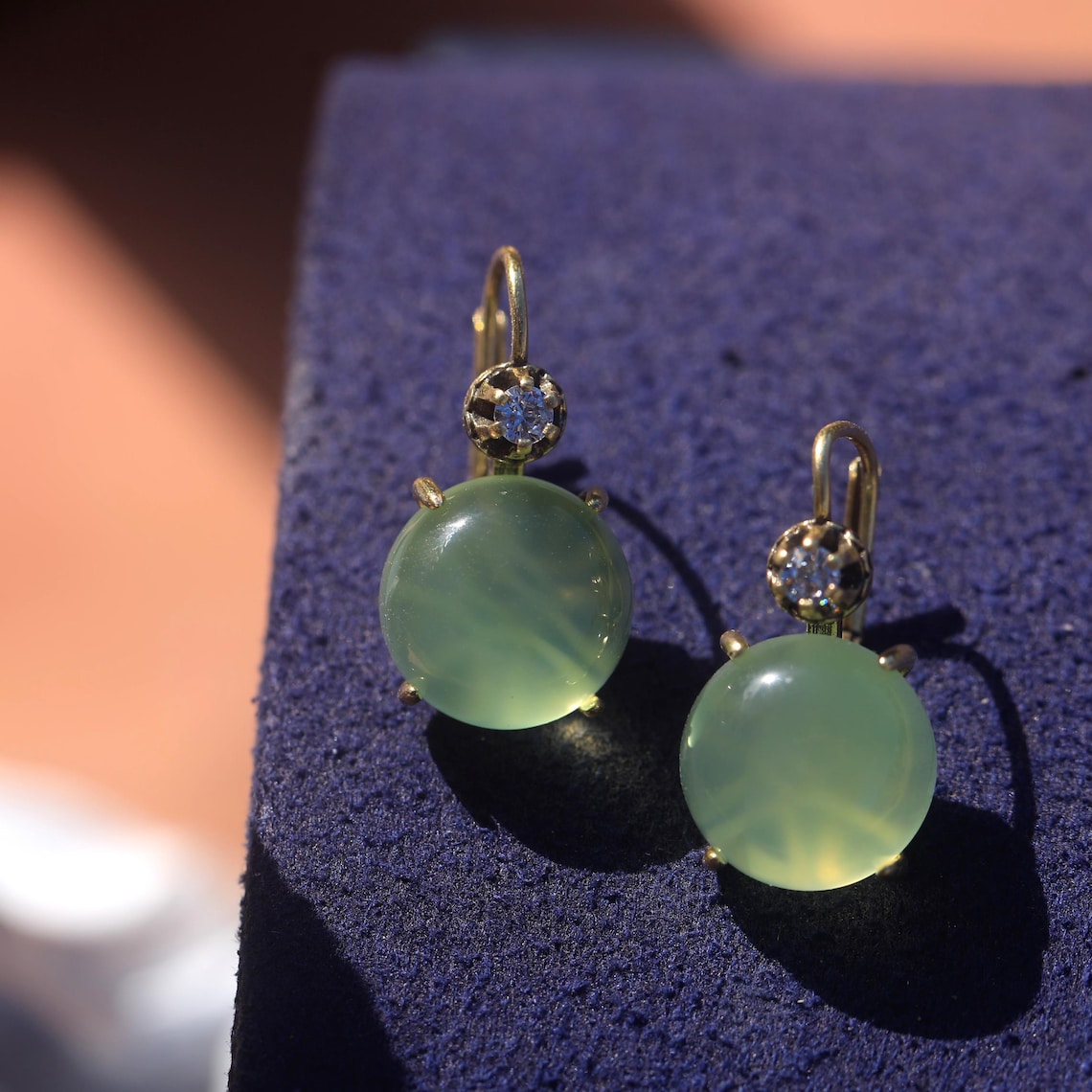 Boucles D'oreilles Pendantes Dormeuses - Doré, CZ Bleu, Perle Agate Vert - Fantaisie