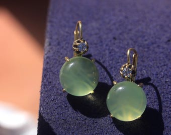 Boucles D'Oreilles Dormeuses Dorées Serti CZ Bleu Et Agate Vert Clair - Gros Modèle - Neuf Sans Emballage