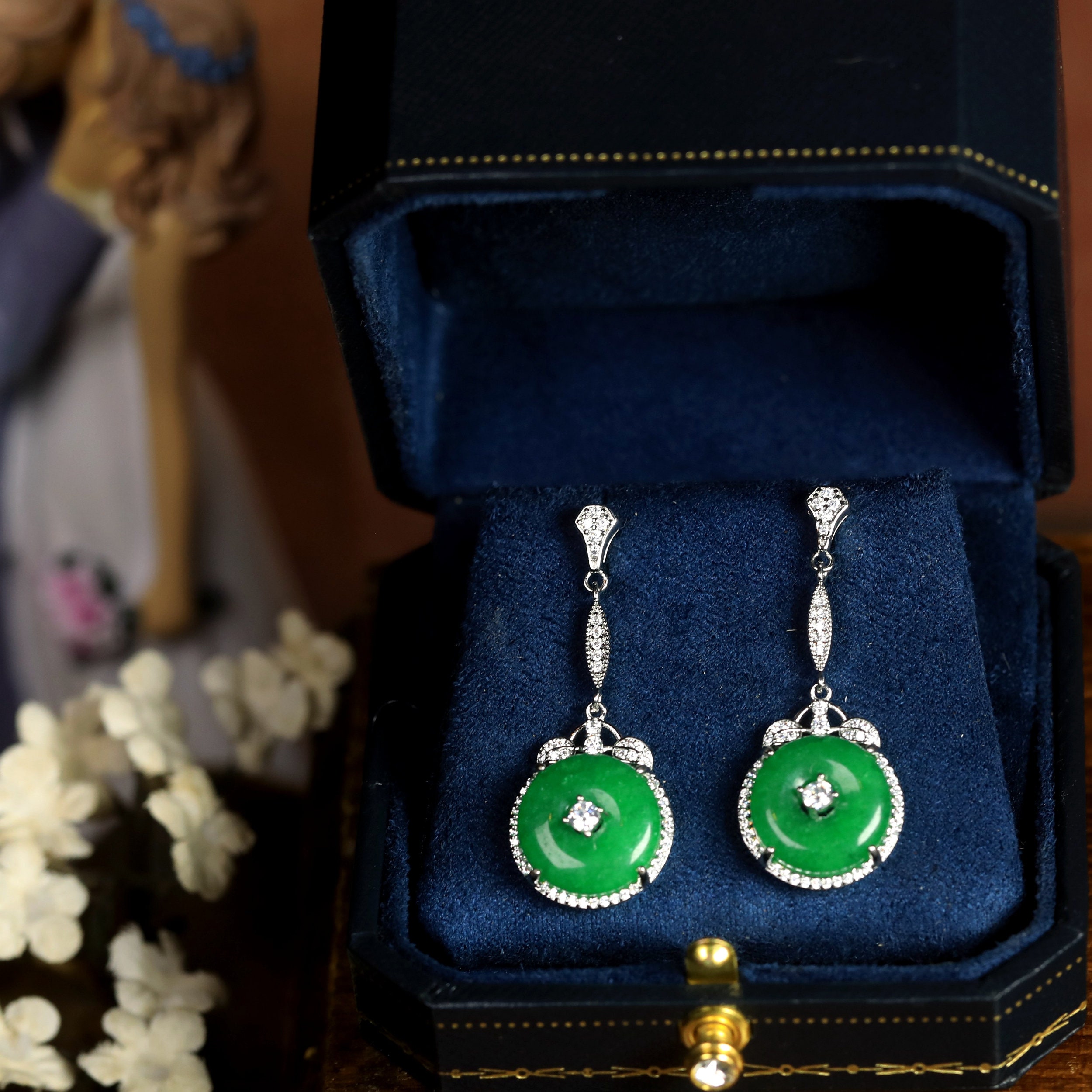 Boucles D'oreilles Clip (non Percées) - Style Art Déco Floral Avec CZ Vert - Neuf