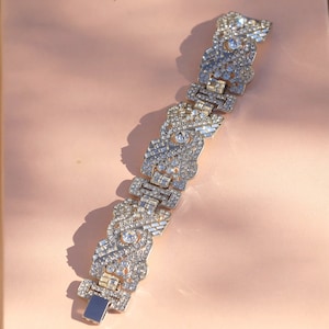 Bracelet Art Déco Argenté Large Géométrique Cristal Blanc Vert Emeraude Bleu Marine Mariage Vintage Style 1920s Great Gatsby Plaqué Or Blanc