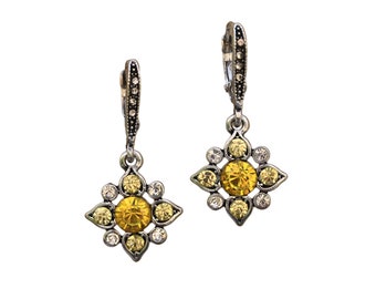 Boucles d'oreilles Argenté Antique Dormeuses Etoile Pavé Strass Jaune Clair vintage Style Art Déco