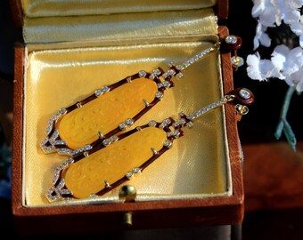 Boucles D'oreilles Clips Dorées Avec Jade Sculpté - Style Art Deco Années 1920, Neuf Sans Emballage