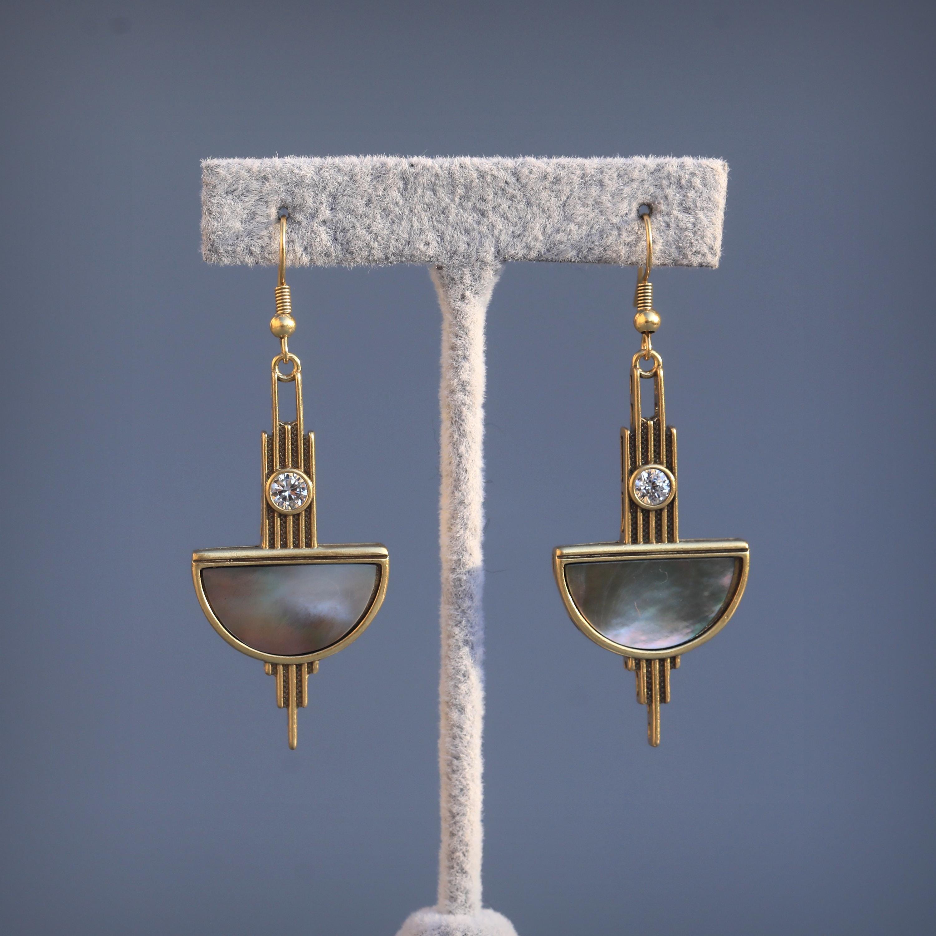 Boucles D'Oreilles Pendantes Art Déco - Rectangle Avec CZ Bleu - Laiton Argenté Antique