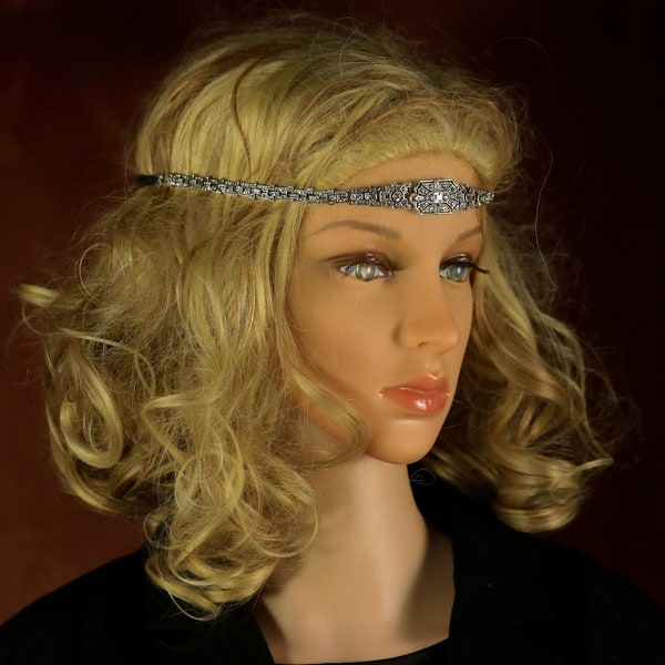 Bandeau à Cheveux headband Noir Serre-tête Art Déco Argenté Rectangle Géométrique Élastique Strass Mariage Vintage Style 1920s Great Gatsby