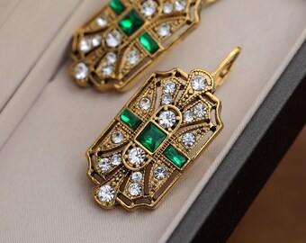 Boucles D'oreilles Dormeuses Créoles Doré Vieilli, Style Art Nouveau Avec CZ Vert - SB8
