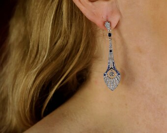 Boucles D'oreilles Art Déco - Éventail Floral Avec CZ - Argenté - Neuf Sans Emballage