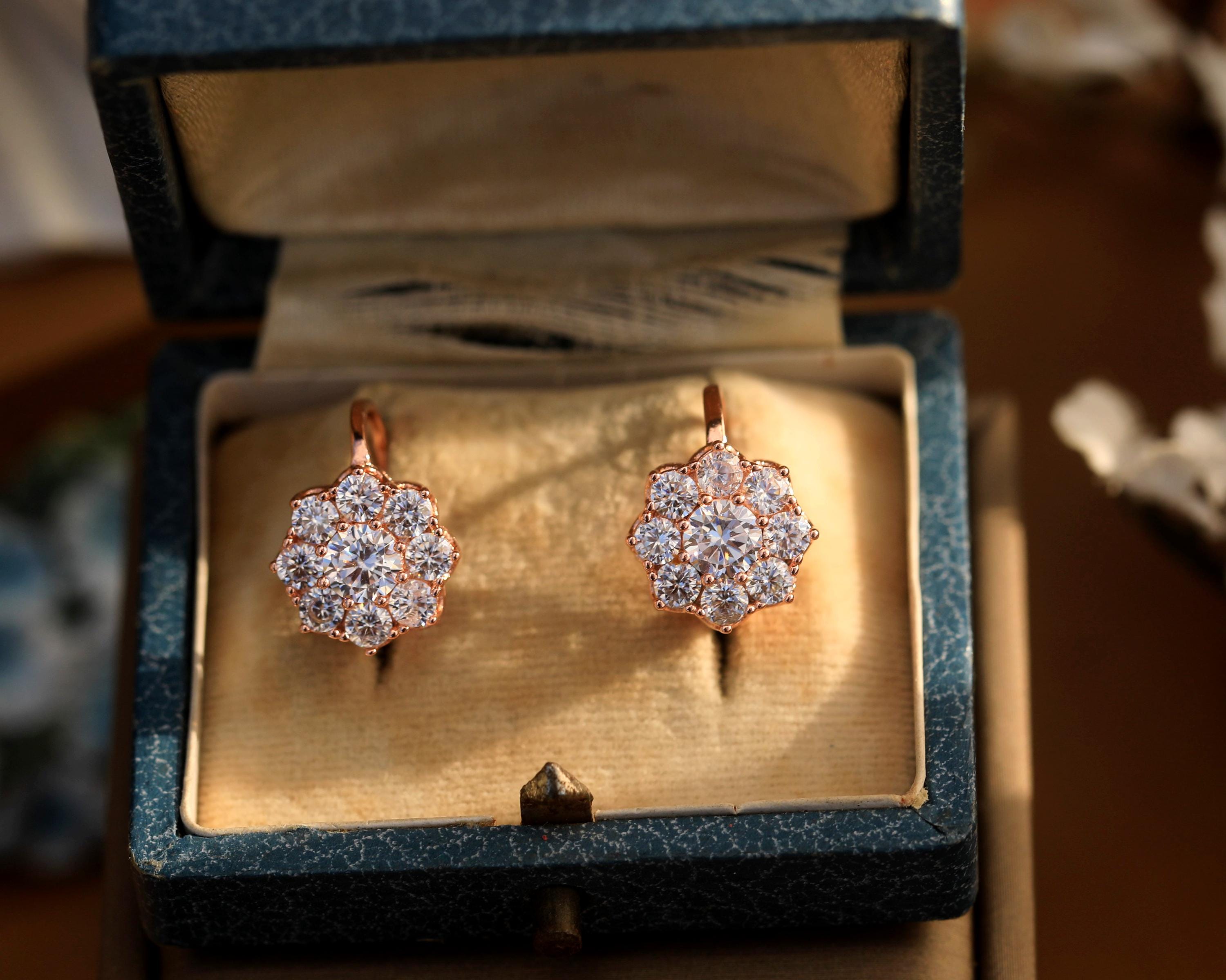 Boucles d'Oreilles Ancienne Diamants Taillés En Rose En Dor