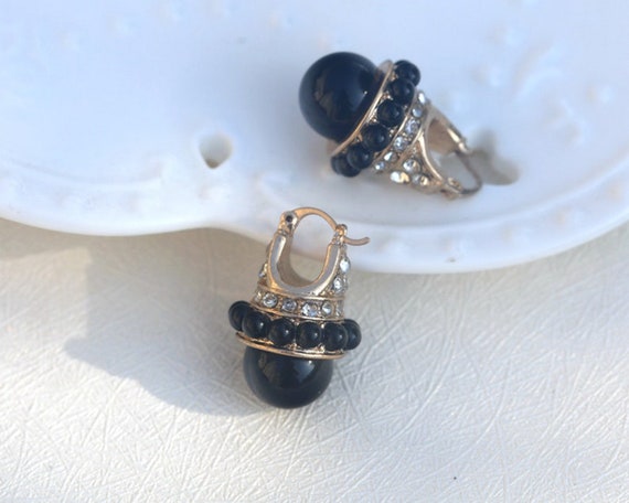 Boucles D'Oreilles Dormeuses Vintage Noires - Anciennes - Occasion