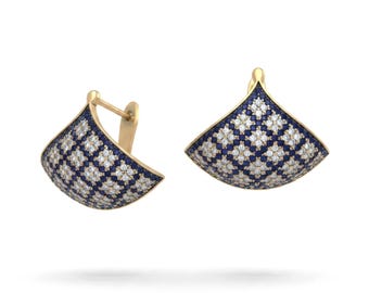 Boucles “Bra” d'oreilles Dormeuses Doré Vieilli CZ Bleu Saphir Vert Emeraude Rouge Rubis Eventail ,Art Déco Vintage 1920s Style, Légères