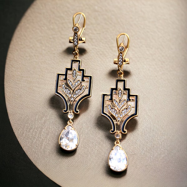 Boucles d'oreilles Art Déco Dormeuse Clip on Doré Mat Géométrique Serti de CZ Email Noir Great Gatsby 1920s Plaqué Or