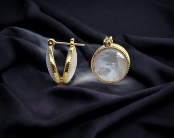 Boucles d'oreilles Art Déco Dormeuses Deux Demi Perle 14 mm Perlmutt Blanche Naturelle Mariage Vintage Style Murano Plaqué l'Or 14K