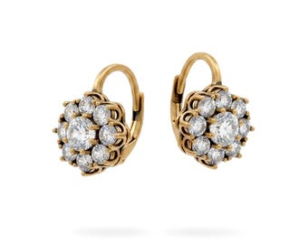 Superbe Boucles d'oreilles Art Déco Dormeuses Doré Antique Rond Floral Serti de CZ Blanc Vert Bleu Rose Vintage Style 1920s Mariage Léger