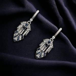 Boucles d'Oreilles Dormeuses CLIP su Non Percée Art Déco Argenté Géométrique Strass Bleu Marine Mariage Stile vintage anni '20 Grande Gatsby