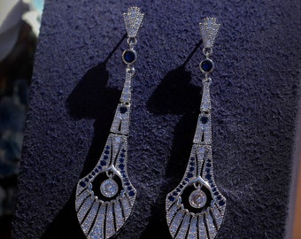 Boucles D'oreilles Clous Argenté Art Déco éventail - Serti De CZ Blanc - Neuf