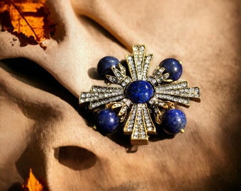 Super Broche Doré Antique Art Déco Croix Baroque Lapis Lazuli Bleu Pavé Cristal Great Gatsby 1920s Victorien vintage Style Mariage