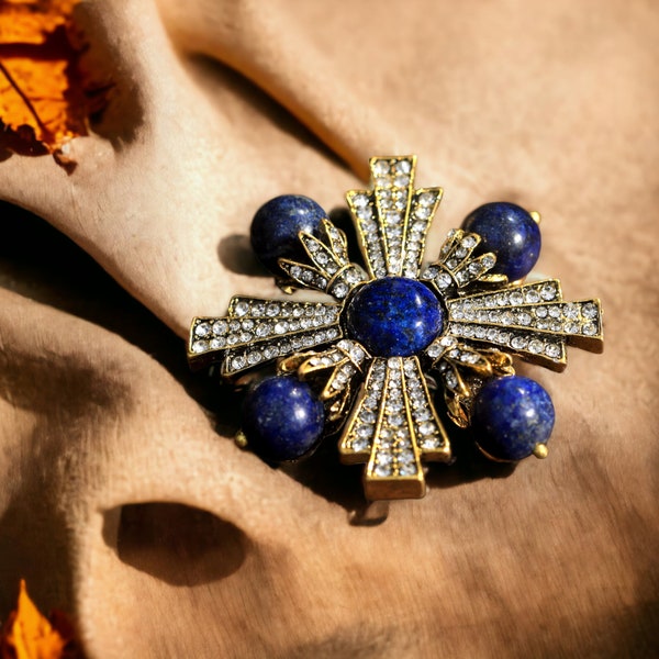 Super Broche Doré Antique Art Déco Croix Baroque Lapis Lazuli Bleu Pavé Crystal Great Gatsby 1920s Victorien Vintage Style Mariage