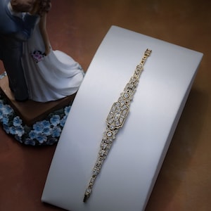 Superbe Bracelet Art Déco Doré Argenté Antique Géométrique Strass Rectangle Strass Blanc Mariage Vintage Style 1920s Great Gatsby