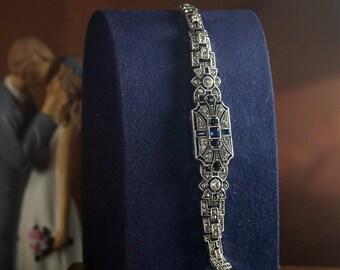 Superbe Armband Art Déco Argenté Antiek Géométrique Bloemen Strass Rechthoek Strass Bleu Marine Mariage Vintage Stijl Jaren 1920 Great Gatsby